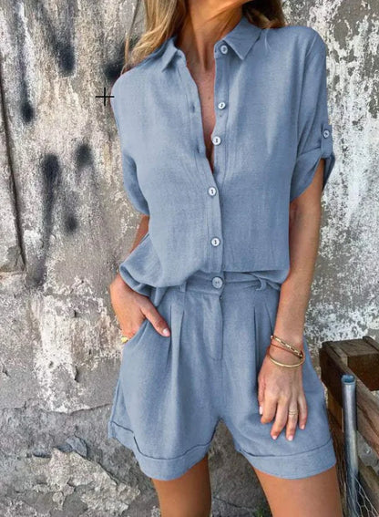 Women's Linen-Blend Button-Down Shirt & Shorts 2-Piece Set
