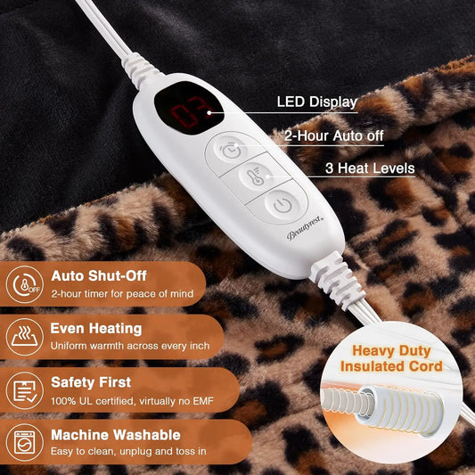 Electric Heated Throw Blanket with Auto Shut Off, 3 Heat Settings