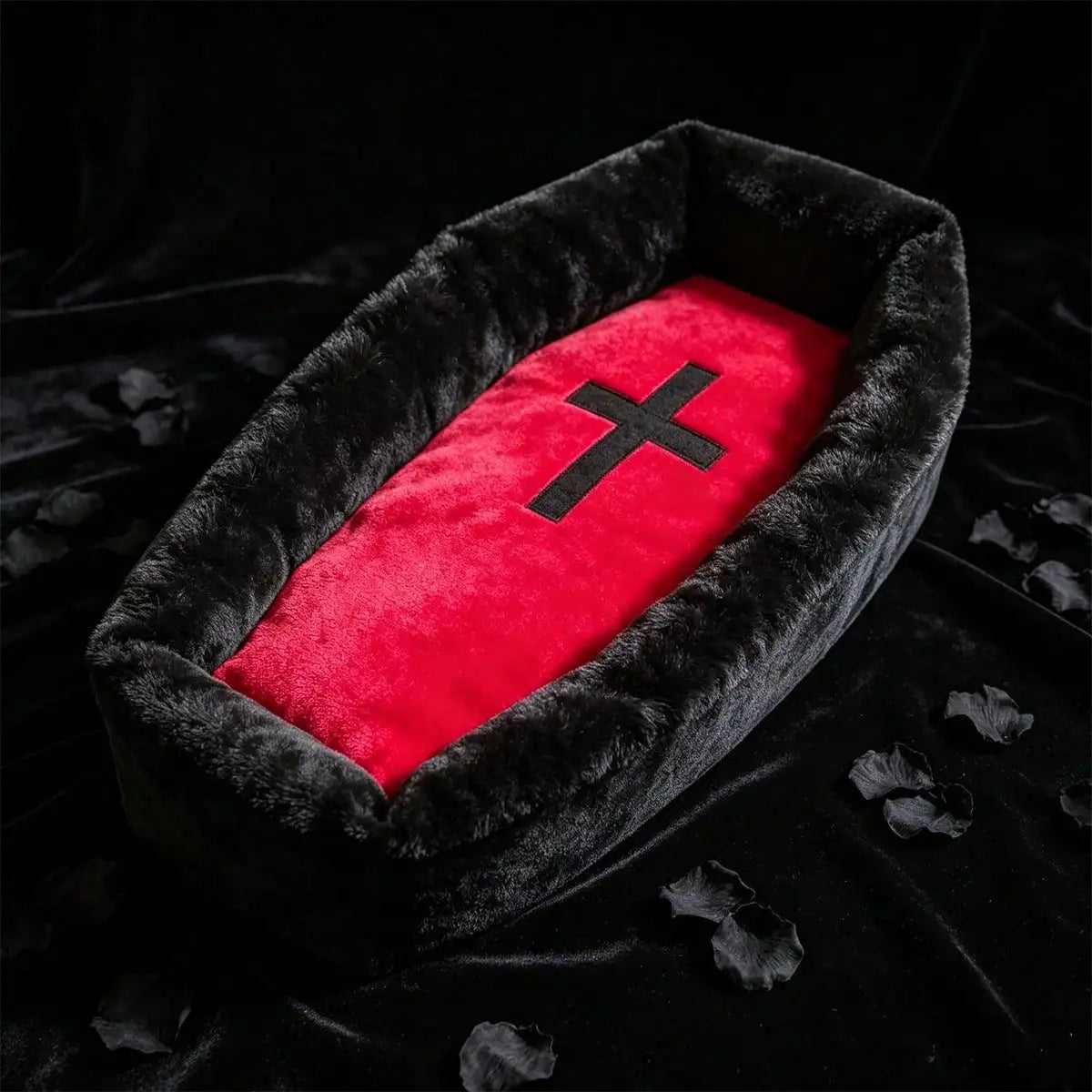 Gothic Coffin Pet Bed Mat with Red Cross Accent
