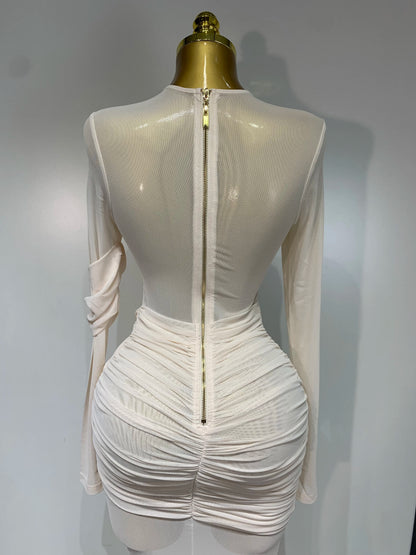 Women's Ruched Mesh Long Sleeve Bodycon Evening Dress