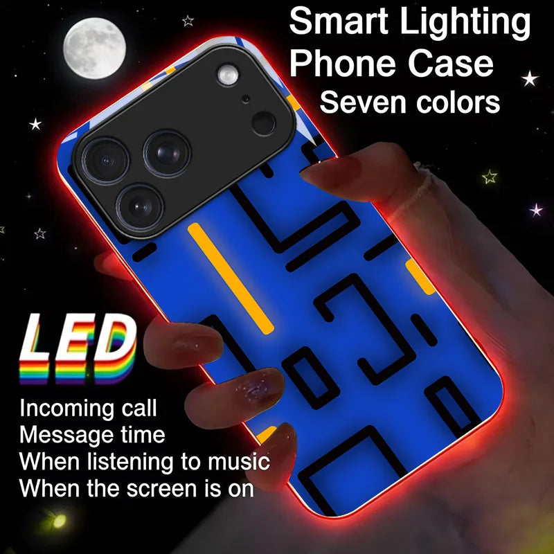 Luminous Animated LED Call Light Phone Case for iPhone 17, 16, 15, 14, 13, 12, 11 Pro Max – Tempered Glass Back Cover