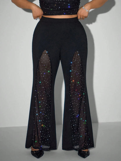 Plus Size Rhinestone Mesh See-Through Flare Pants
