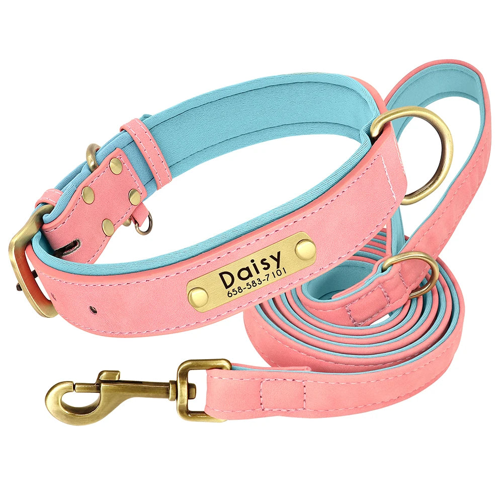 Leather Dog Collar Leash Set Soft Padded
