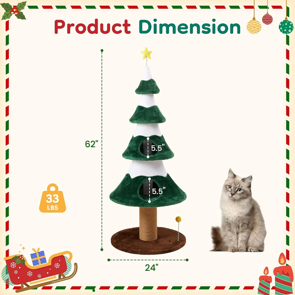 62" Christmas Cat Tree Tower – Festive Indoor Climbing Gym & Condo for Cats