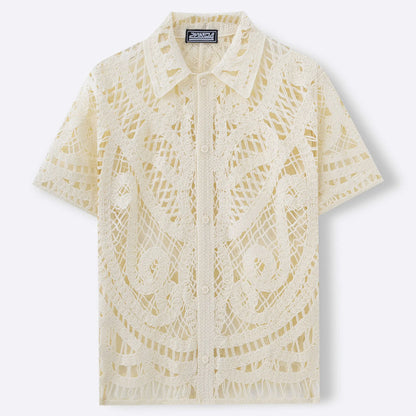 Men's Mesh Crochet Open Front Polo Shirt