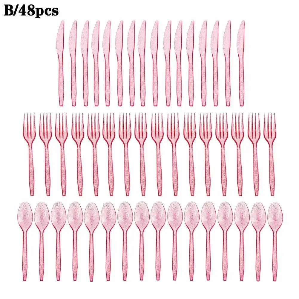 48-Piece Pastel Plastic Cutlery Set - Reusable Spoons, Forks & Knives