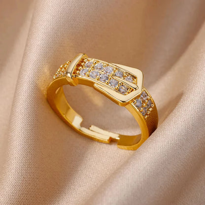 18K Gold Plated Zircon Geometric Open Ring – Trendy Waterproof Stainless Steel Jewelry