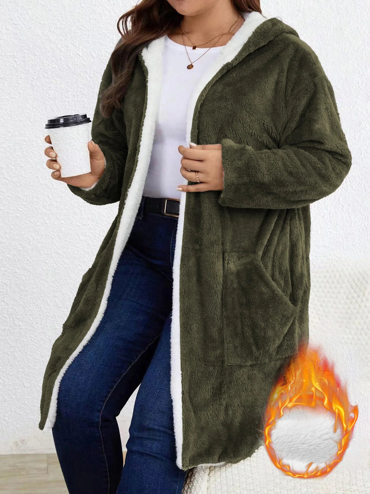 Women's Fuzzy Fleece Lined Hooded Open Cardigan - Warm Sherpa Trim Winter Coat