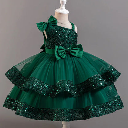 Girls' Sequined Bow Flower Girl Party & Princess Dress