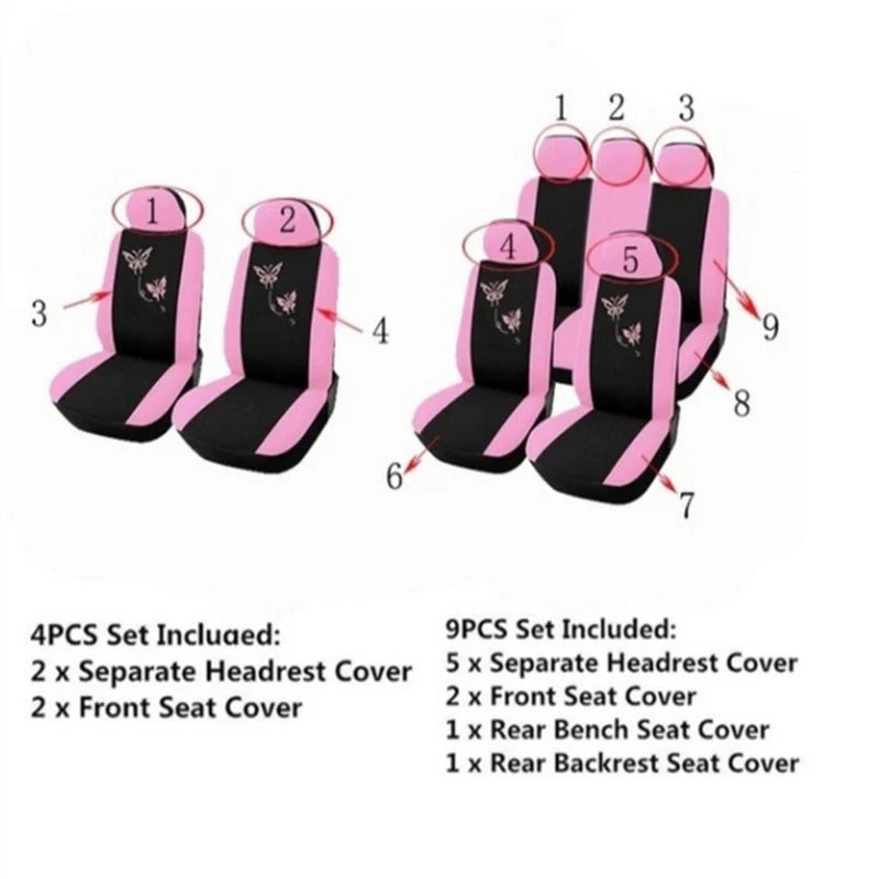 4/9pcs Set Pink Butterfly Car Seat Covers