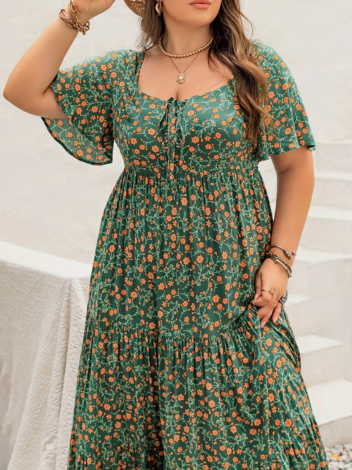 Women's Plus Size Bohemian Floral Long Dress with French Collar & Tie Front