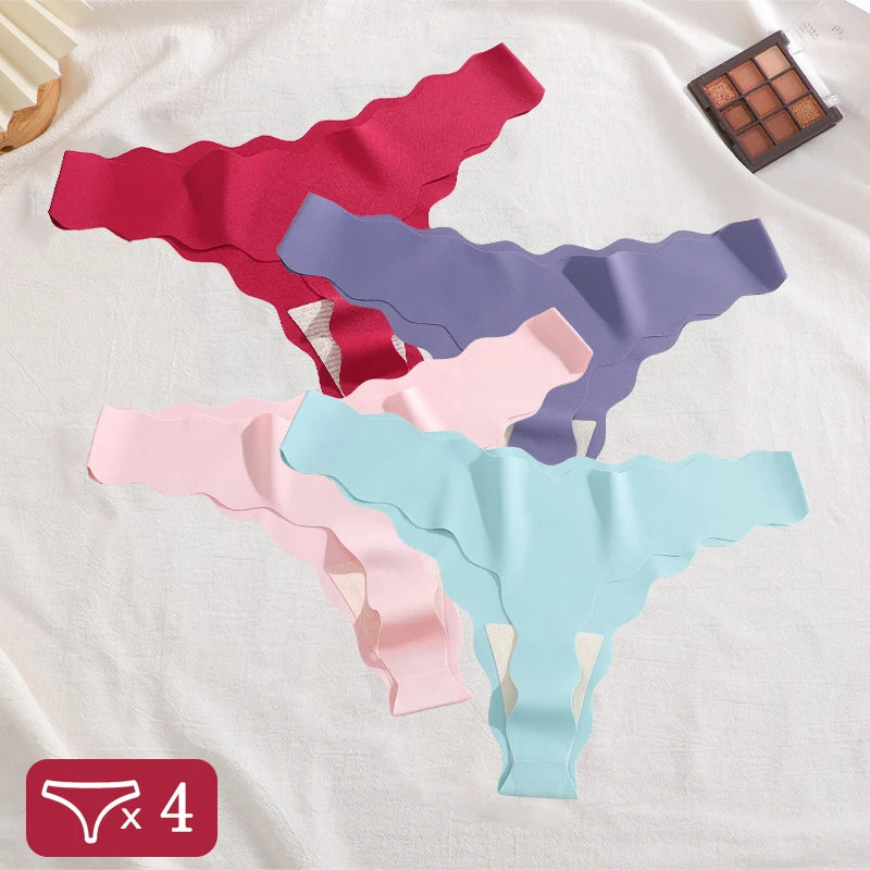 4Pcs Low-Waist Wave Edge Thongs