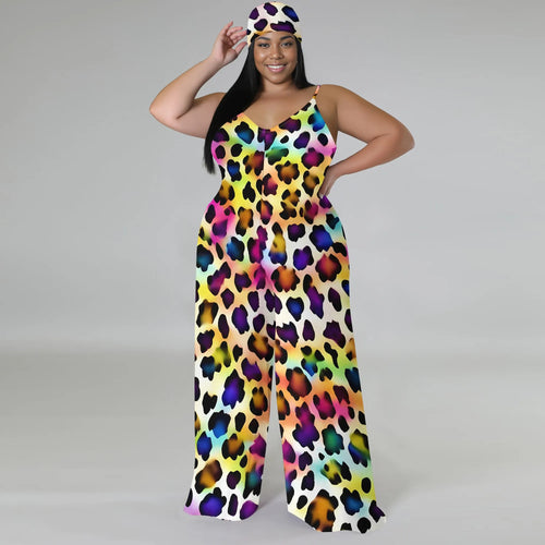 Colorful Leopard Print Jumpsuit with Headscarf