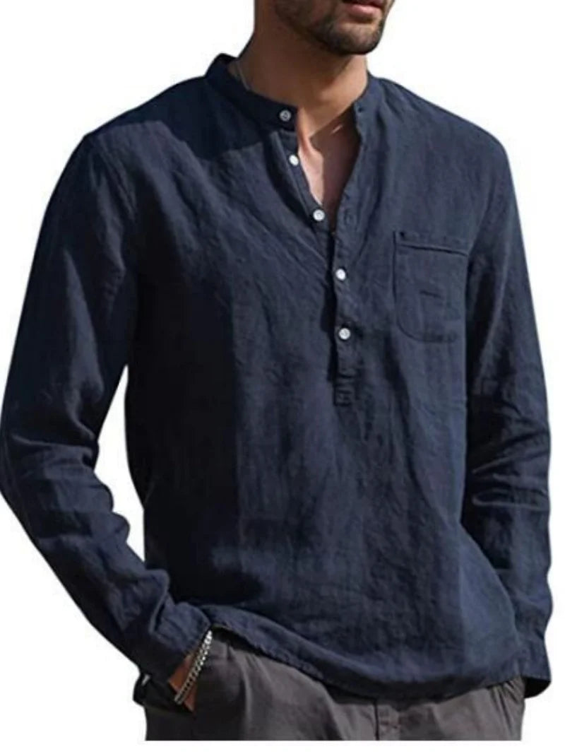 Men's Linen Long Sleeve Stand Collar Shirt