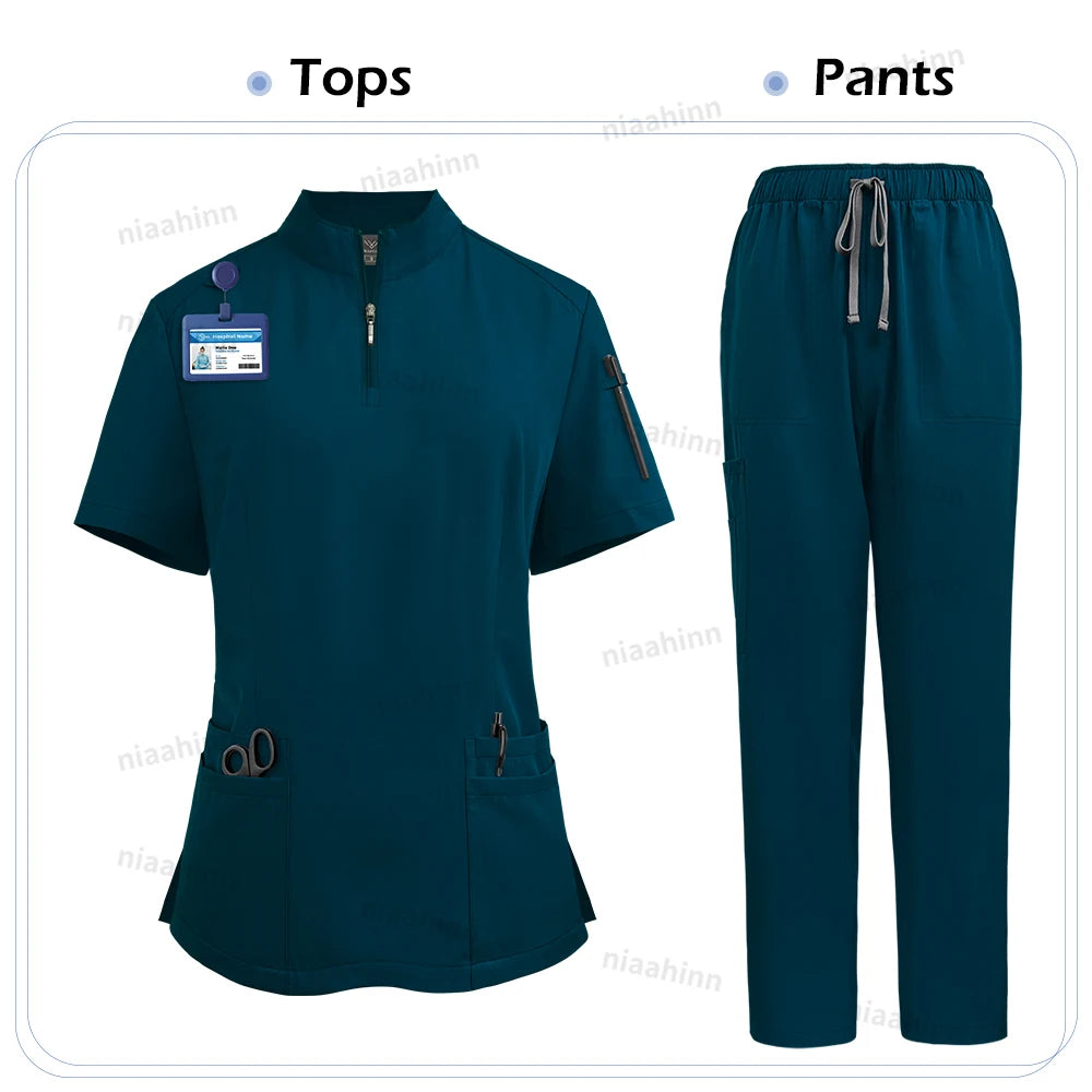 NiaaHinn Women's Stretch V-Neck Scrub Top & Cargo Pants Set
