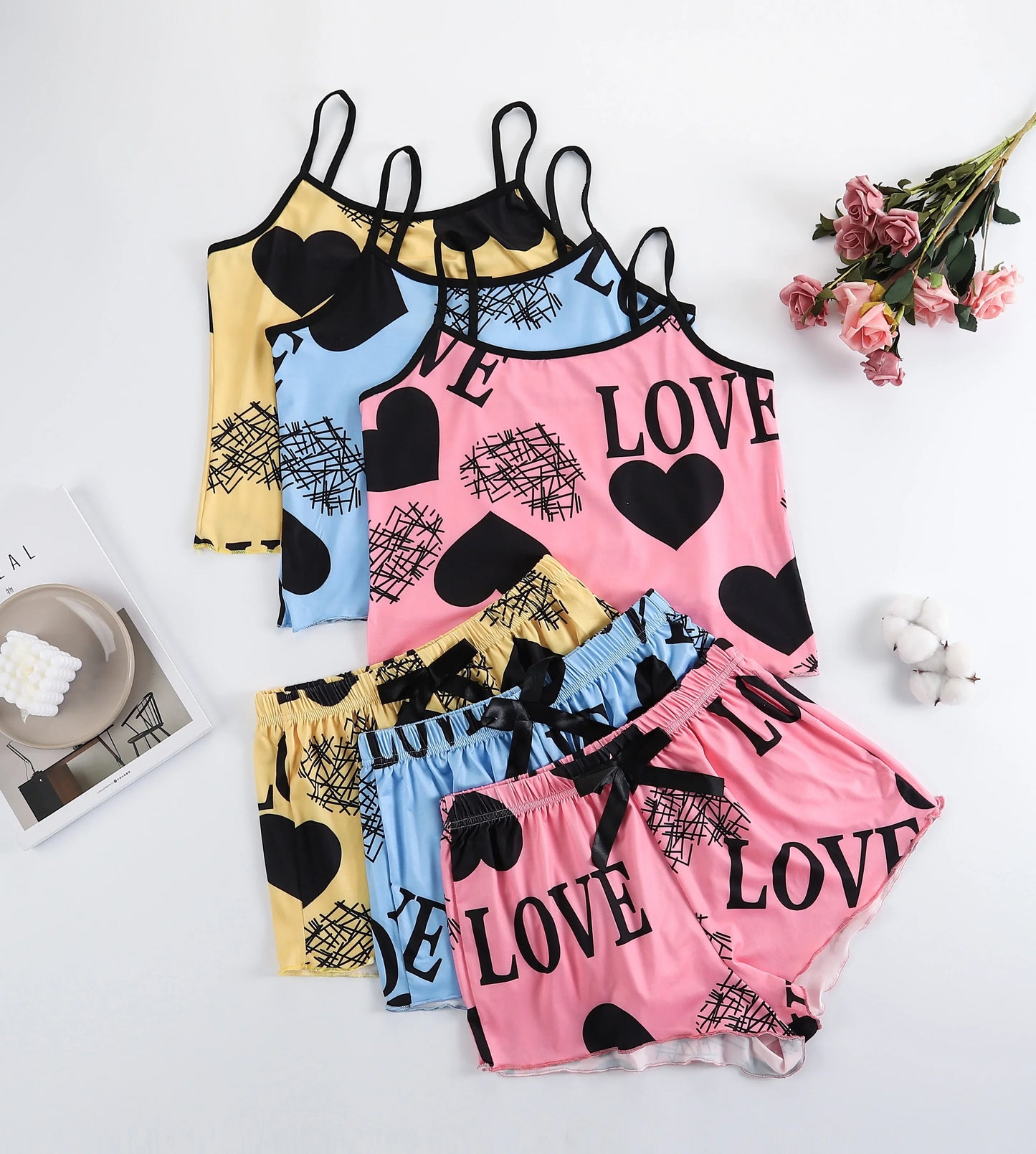 Women's Heart Print 2-Piece Cami Pajama Set - Sleeveless Tank Top & Shorts