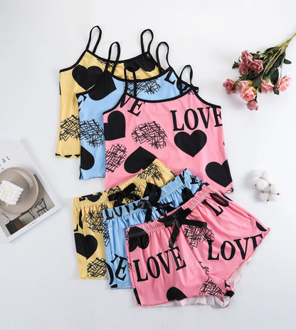 Women's Heart Print 2-Piece Cami Pajama Set - Sleeveless Tank Top & Shorts