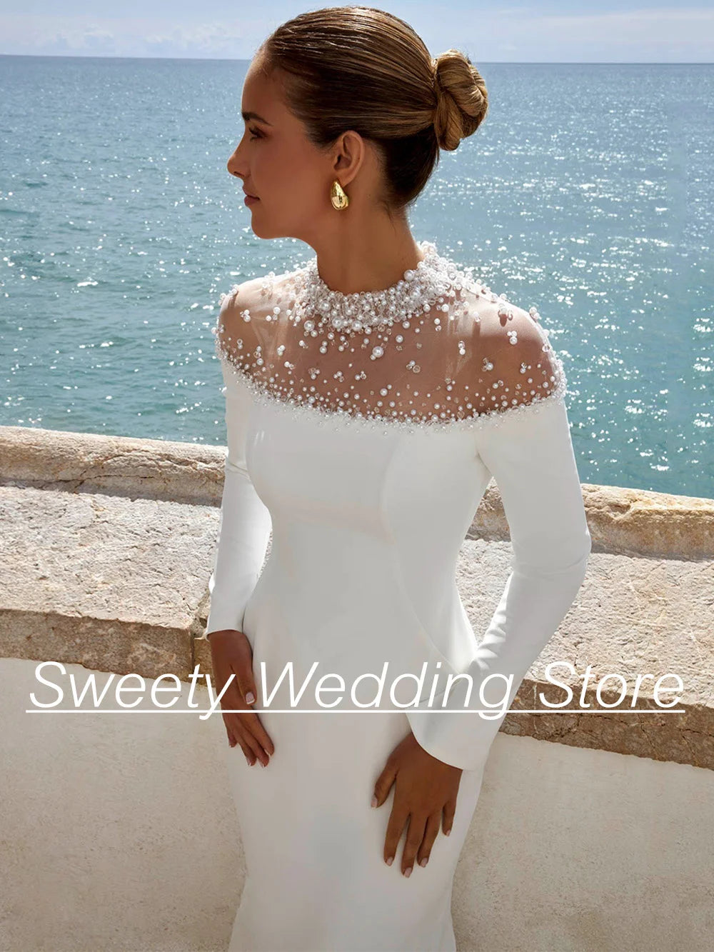 High-Neck Pearl Beaded Mermaid Wedding Dress with Long Sleeves & Sweep Train