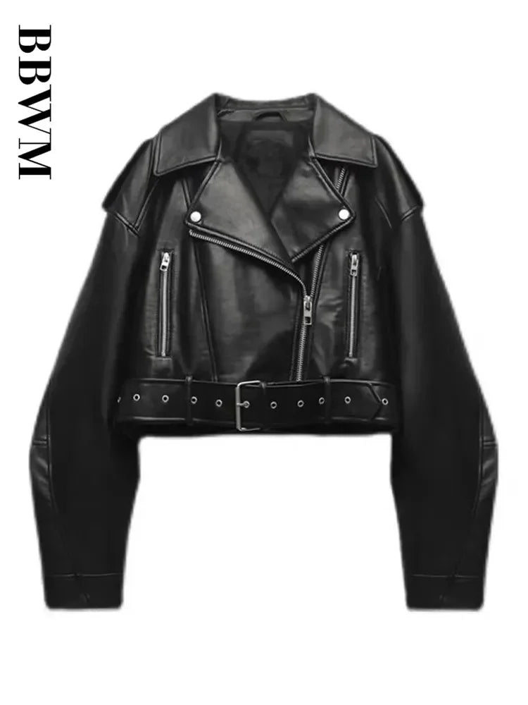 BBWM Oversized Loose Faux Leather Short Jacket with Belt