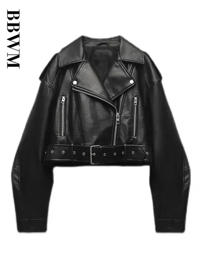 BBWM Oversized Loose Faux Leather Short Jacket with Belt