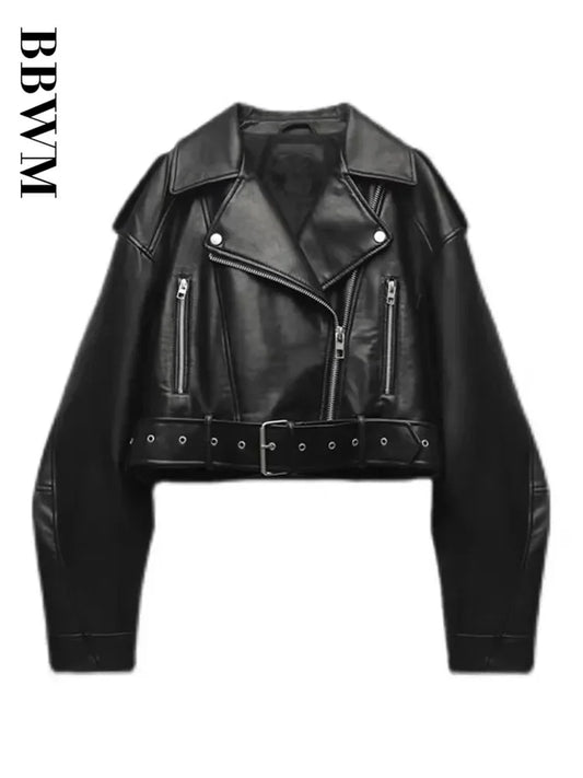 BBWM Oversized Loose Faux Leather Short Jacket with Belt