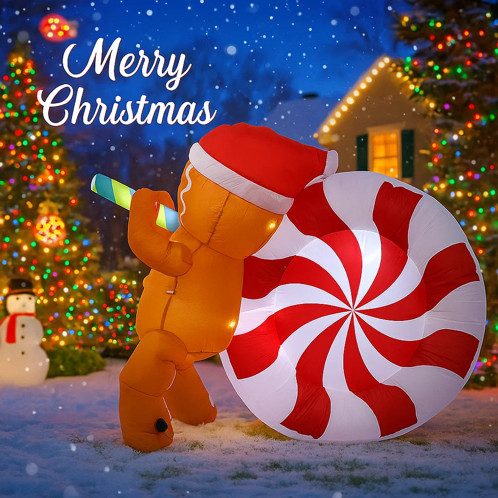 4.9FT Lighted Inflatable Gingerbread Man with Giant Candy