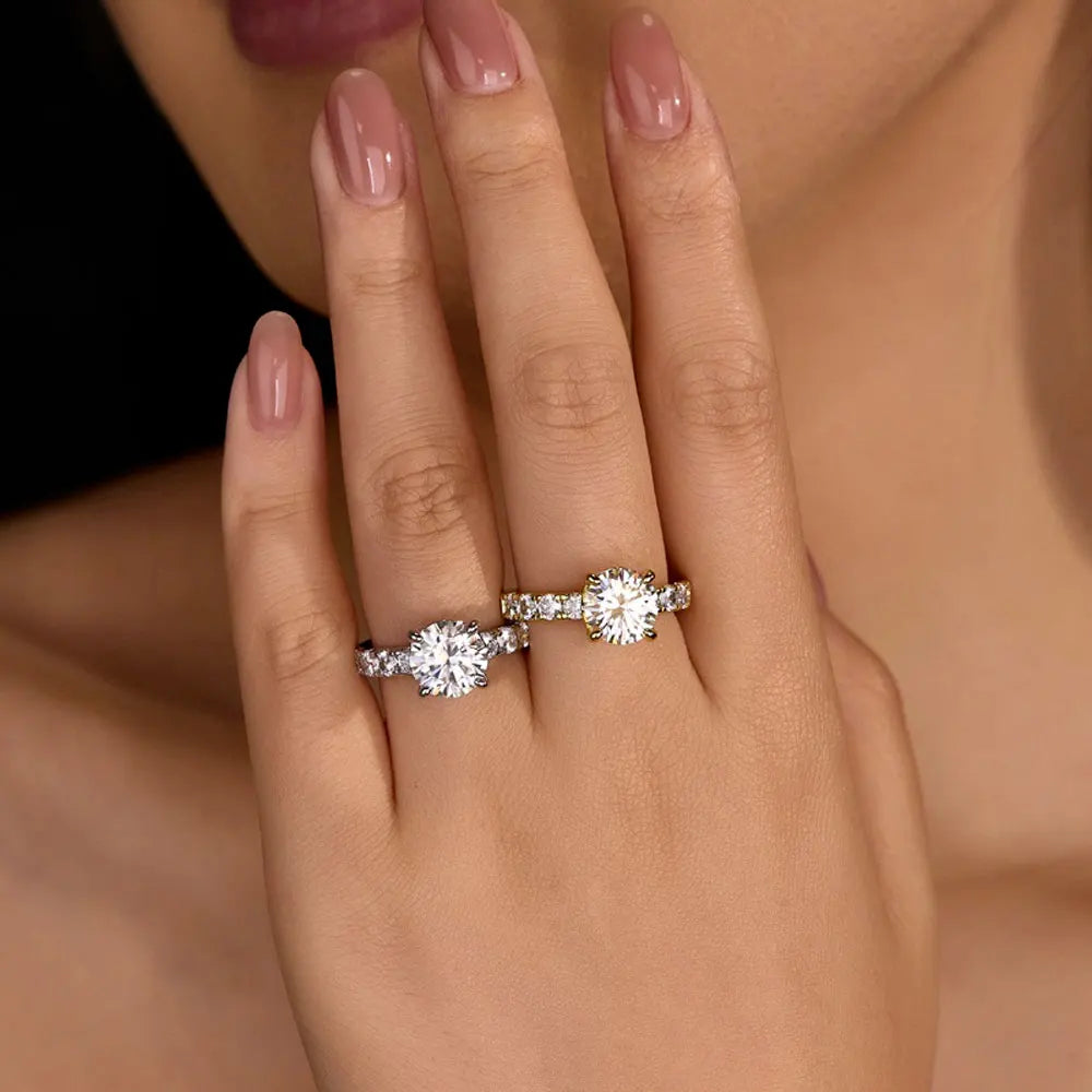 S925 Sterling Silver Round Cut Moissanite Engagement Ring – 3.5CT Golden Accent