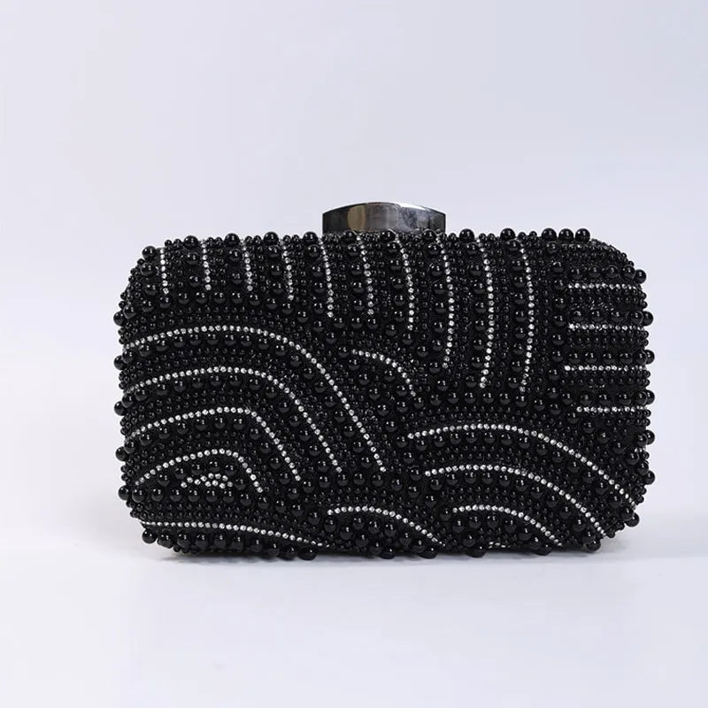 Elegant Fashionable Beaded Clutch Bag with Long Chain