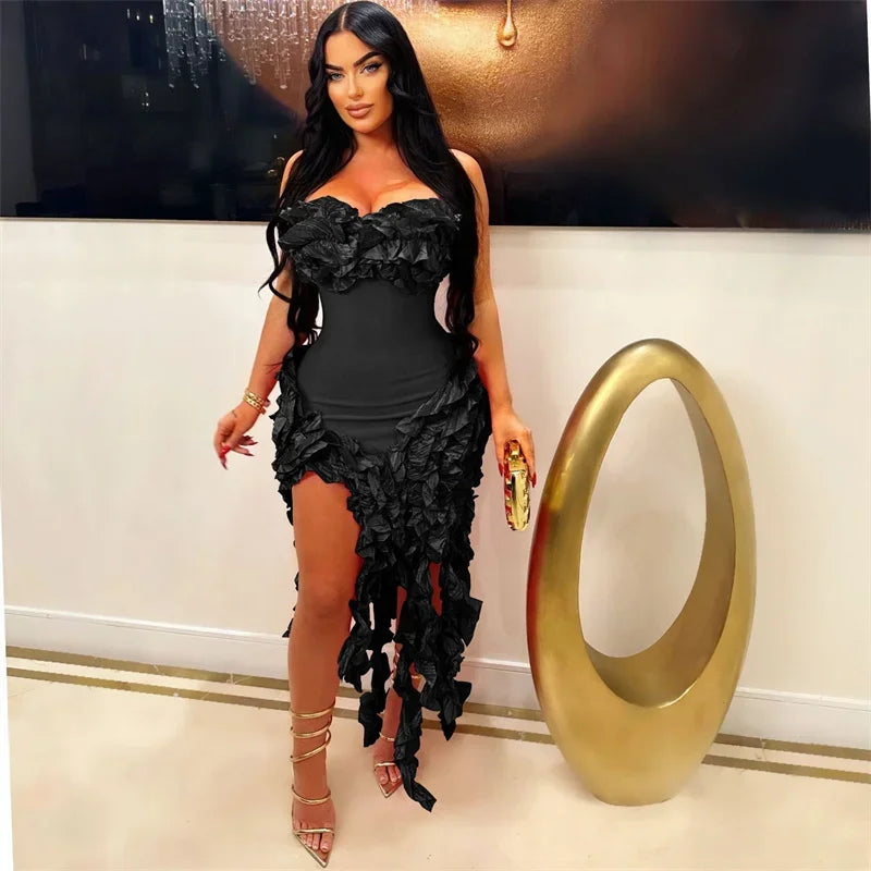Women's Strapless Ruffle Tassel Irregular Maxi Evening Dress