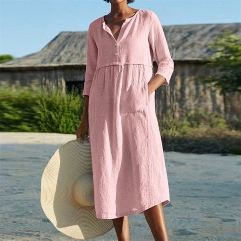 Women's Cotton Linen Half-Sleeve Midi Dress with Pockets