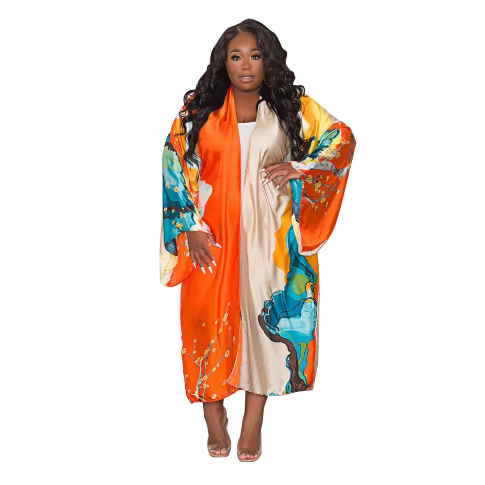 Long Floral Patterned Silky Open Front Swimwear Cover-Up