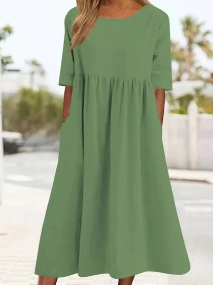 Women's Casual Linen Blend Loose Fit Midi Dress with Pockets
