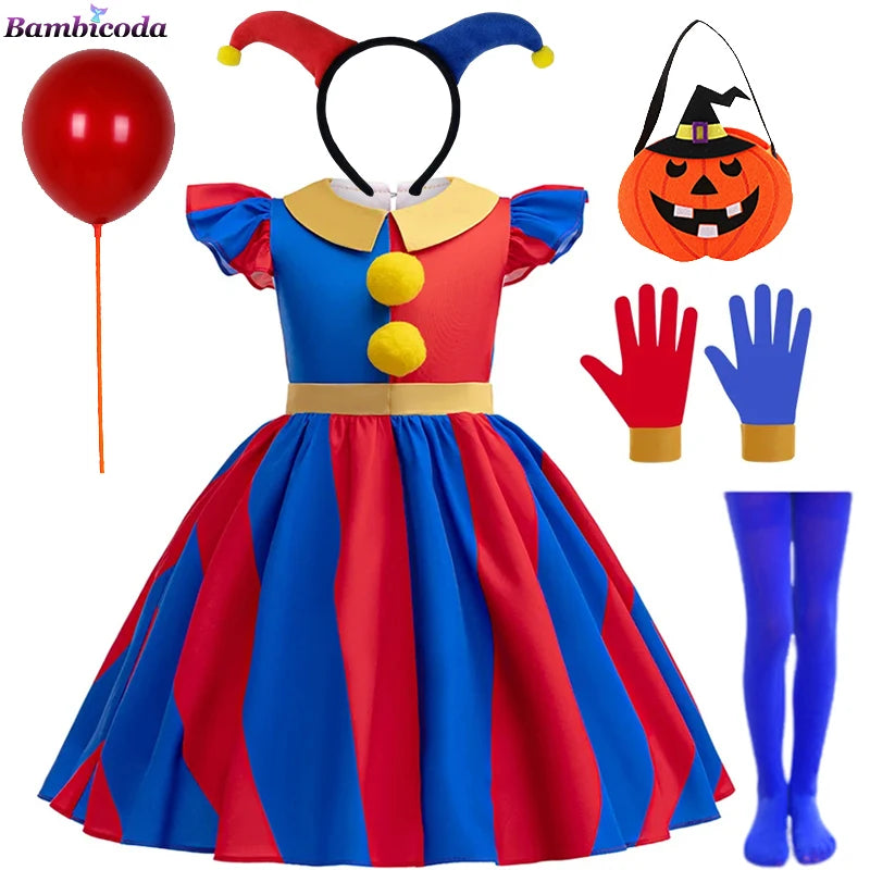 Girls' Digital Circus Pomni Cosplay Costume Set - Red & Blue Clown Dress Outfit for Kids