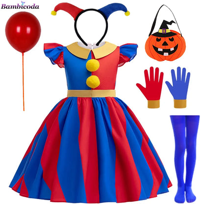 Girls' Digital Circus Pomni Cosplay Costume Set - Red & Blue Clown Dress Outfit for Kids