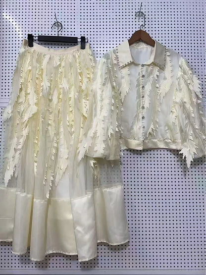 Women's Elegant 2-Piece Puff Sleeve Top & Rhinestone Waist Fluffy Skirt Set