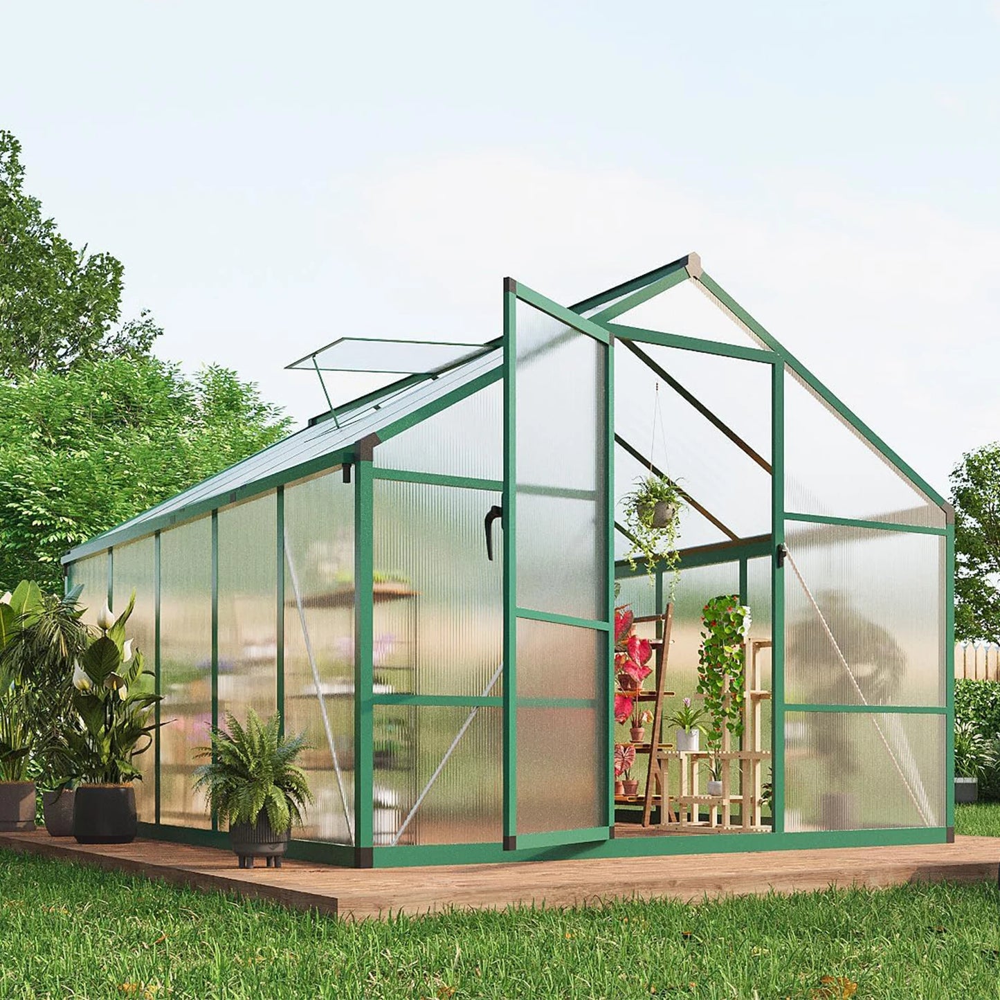 8x10FT Walk-in Polycarbonate Greenhouse with Roof Vent, Ground Nails, Lockable Push Door