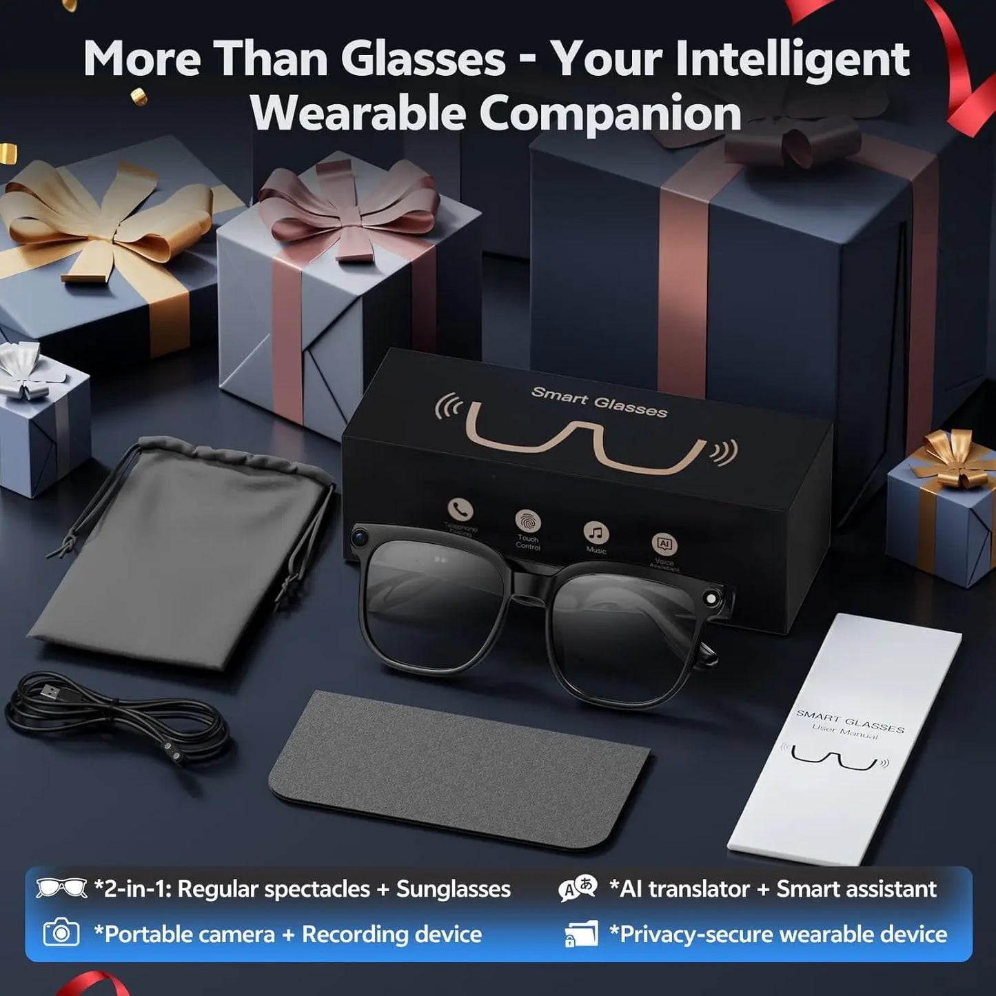 4K 8MP Smart Glasses w/HD Camera 150+Language Translation
