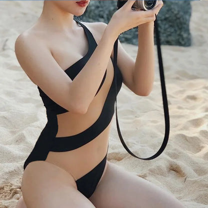 Women's One-Shoulder Mesh Spliced One-Piece Swimsuit