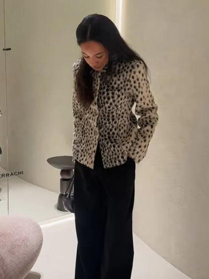 Women’s Leopard Print Short Furry Jacket with Lapel Collar
