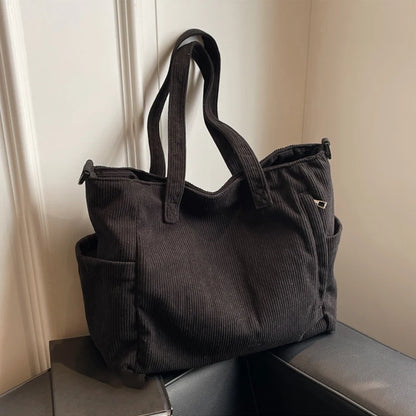 Women Corduroy Multi-Pocket Shoulder Tote & Crossbody Sling Bag