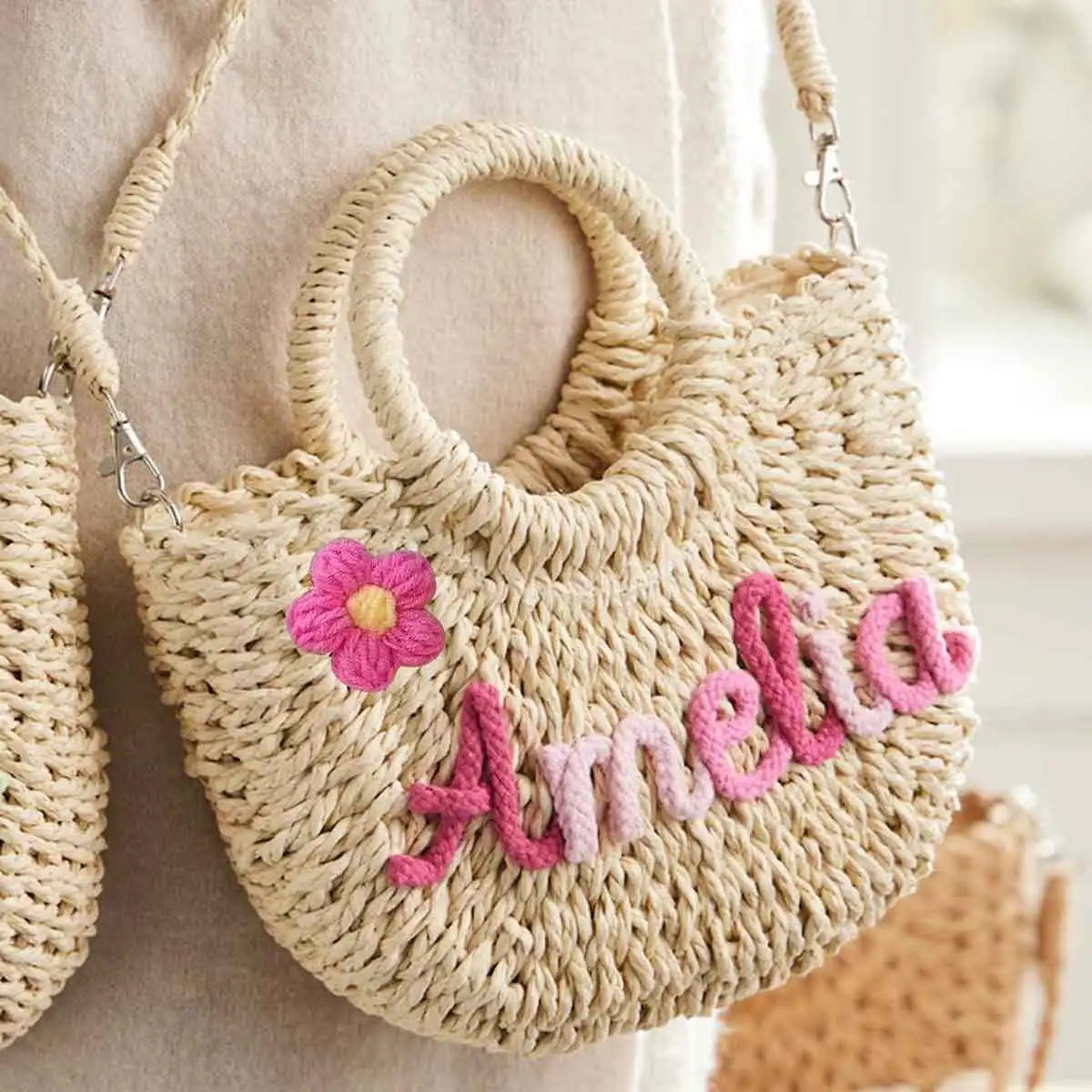 Personalized Hand-Woven Straw Tote Bag – Custom Embroidered Beach & Vacation Crossbody Bag