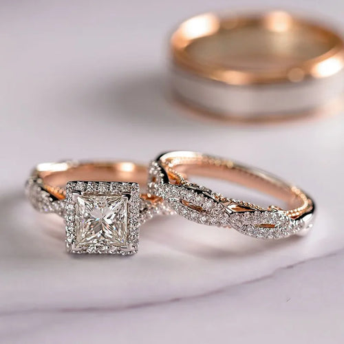 Rose Gold Princess Cut Ring Set