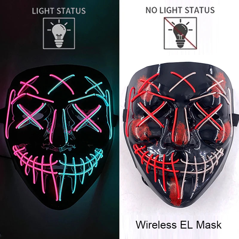 LED Light-Up Neon Wire Purge Mask – 3-Mode Halloween Horror Cosplay Mask for Adults