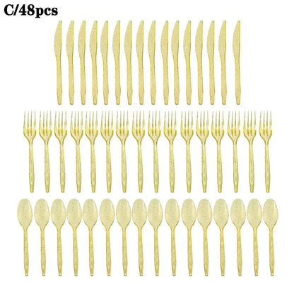 48-Piece Pastel Plastic Cutlery Set - Reusable Spoons, Forks & Knives