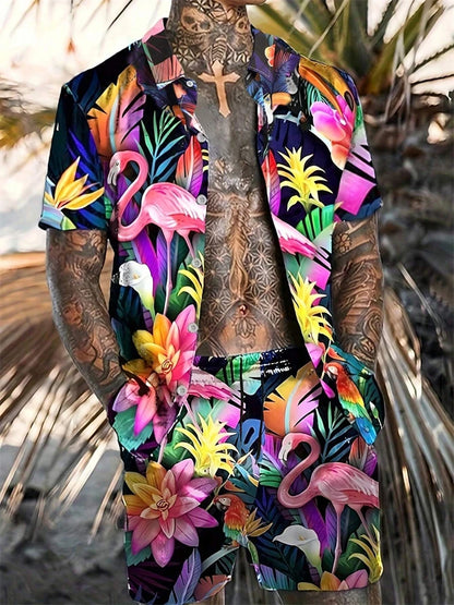 Hawaiian Print Short-Sleeved Shirt & Shorts Set