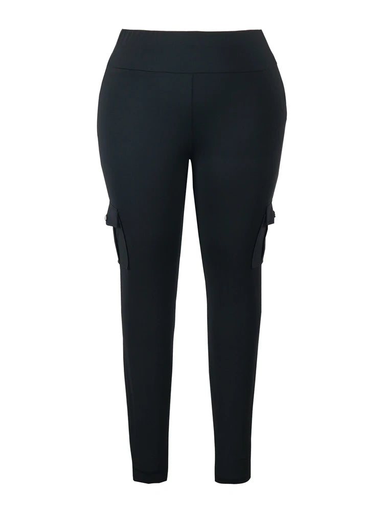 Plus Size Women's High-Waist Butt Lift Cargo Leggings with Flap Pockets