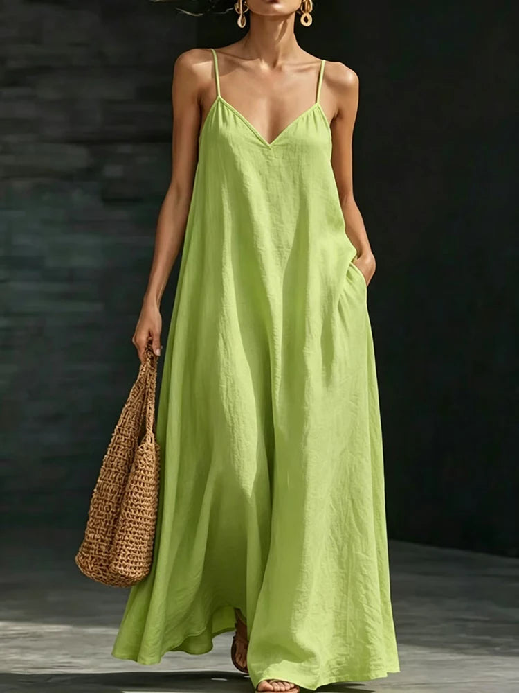 Women’s Casual V-Neck Spaghetti Strap Maxi Dress – Loose Swing Summer Beach Sundress