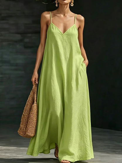 Women’s Casual V-Neck Spaghetti Strap Maxi Dress – Loose Swing Summer Beach Sundress