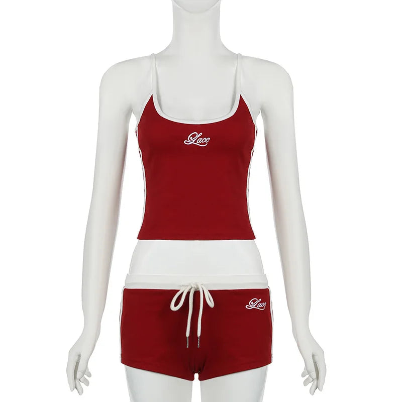 Women's Y2K Summer 2-Piece Short Set - Backless Letter Embroidery Camisole & Elastic Drawstring Shorts