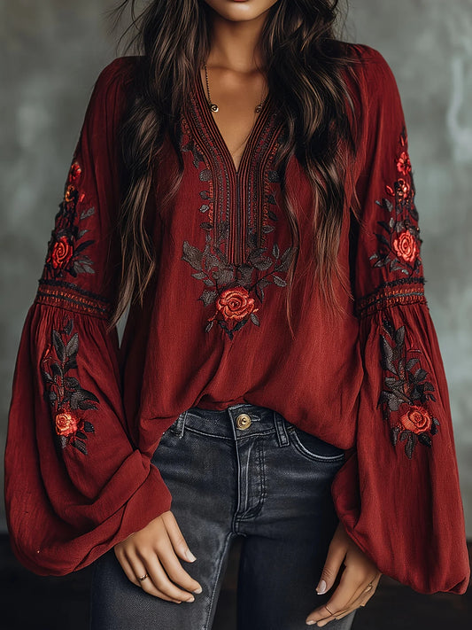 Women’s Plus Size Boho Floral Embroidery Blouse – Lantern Sleeve Loose Pullover Top